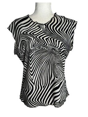 Vintage 90s Jaipur Abstract Swirl Top XL Black White Clear Sequins Stretch Knit